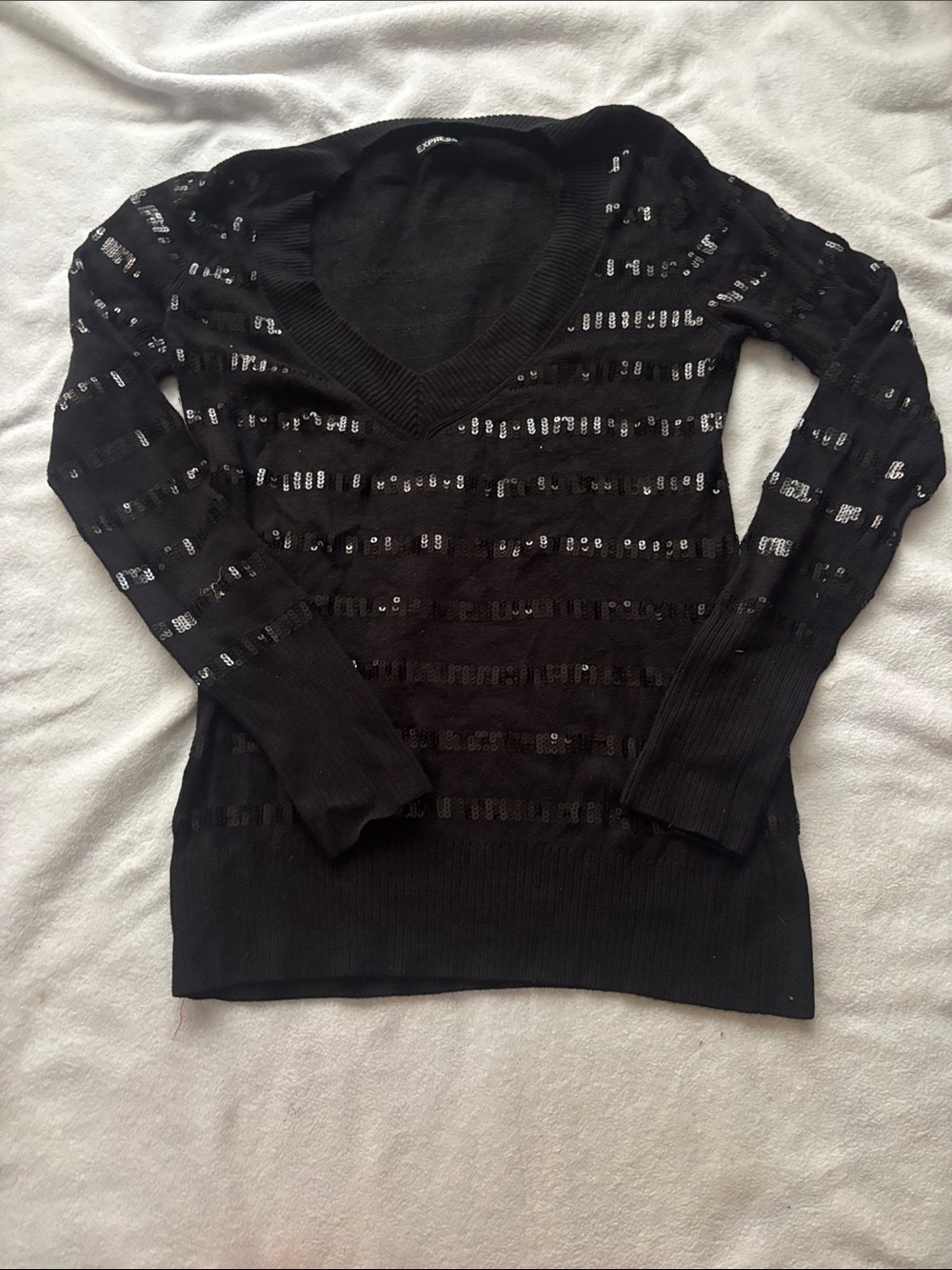 Express Black V‑Neck Sweater with Sequin Stripes